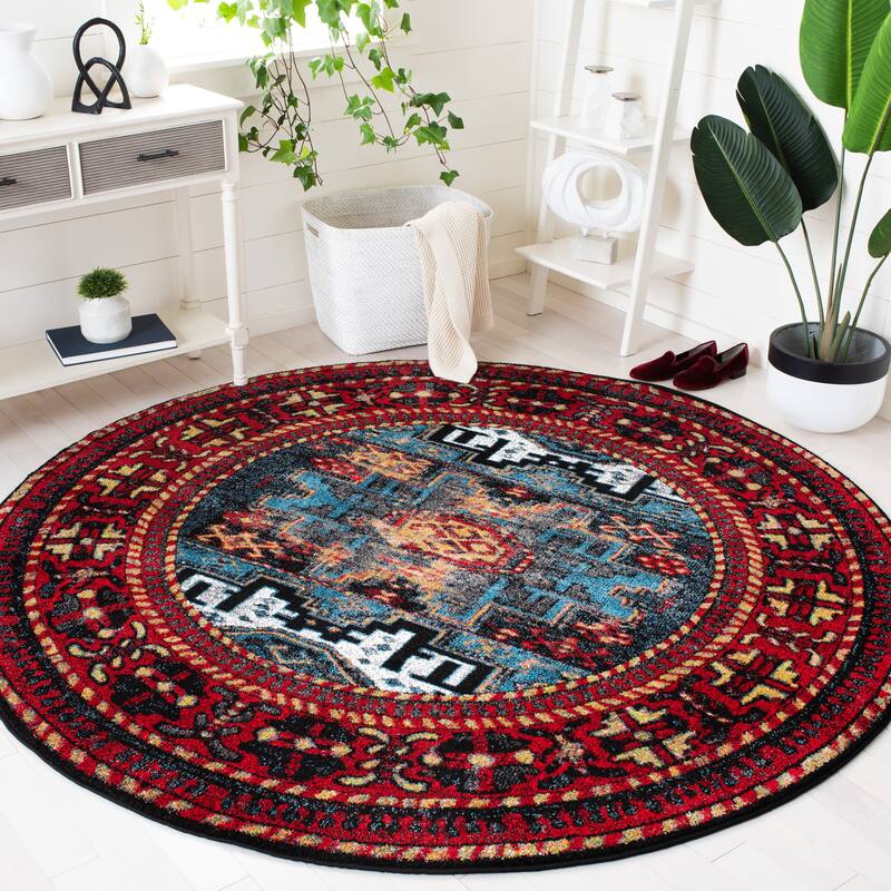 SAFAVIEH Vintage Hamadan Gody Oriental Distressed Rug - 6'7" x 6'7" Round - Red/Light Blue