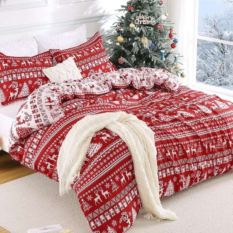 Christmas Holiday Reindeer Duvet Cover and Pillow Shams Set, Bedding Set - Queen