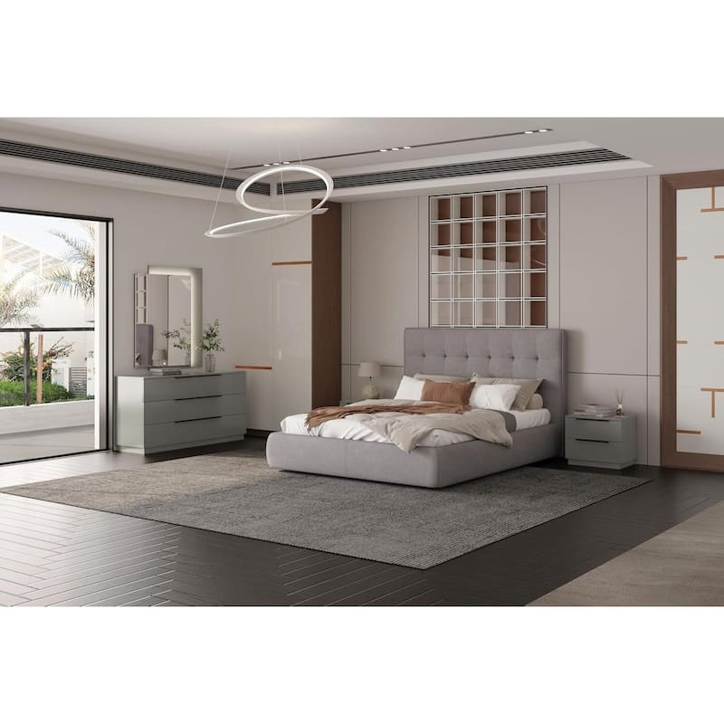 Queen Bed Upholstered Grey Fabric, City Chic Design, Padded Headboard, Modern Bedroom Furniture