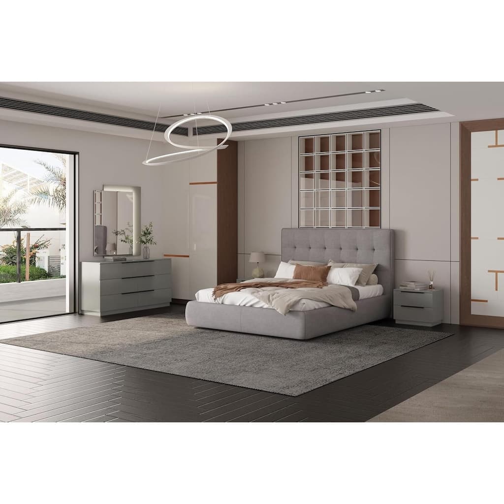 Queen Bed Upholstered Grey Fabric, City Chic Design, Padded Headboard, Modern Bedroom Furniture