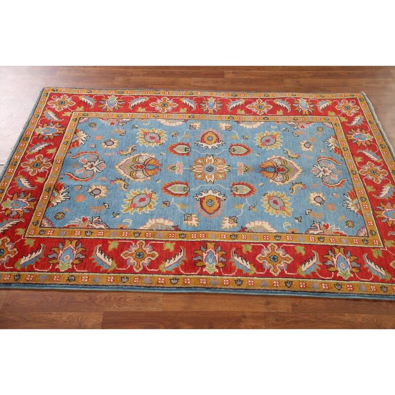Light Blue Floral Kazak Oriental Area Rug Hand-Knotted Wool Carpet - 4'1"x 6'0"