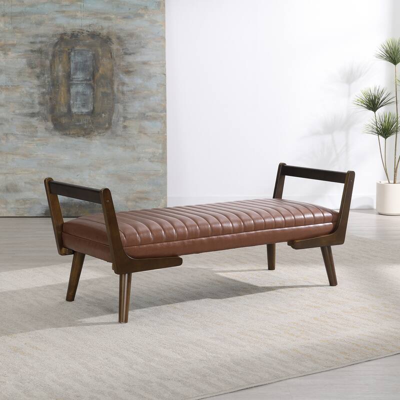 52" Mid Century Bench with Walnut Wood Leg,Channeled Upholstered Footrest Stool for Kitchen, Living Room, Bedroom, Entryway - Cognac