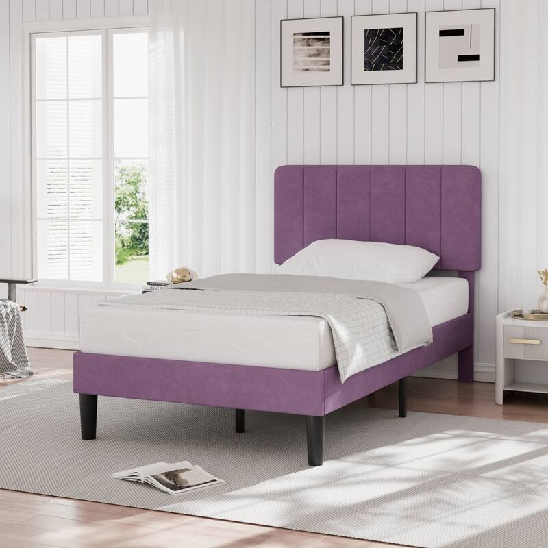 Kids Bed Frame, Height Adjustable Upholstered Bed, Twin Size Bed Set of 2