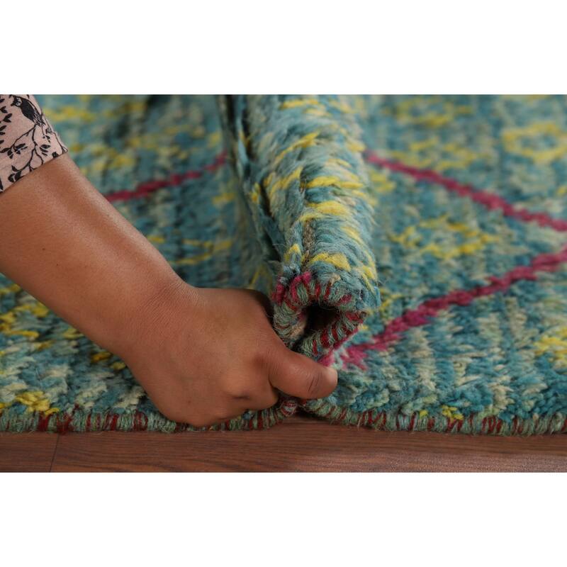 Turquoise Trellis Moroccan Plush Accent Rug Handmade Wool Carpet - 3'0" x 5'4"