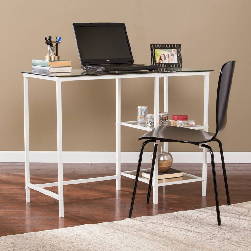 Sleek Metal Frame and Tempered Glass Desk, Multi-functional Student Desk for Home Office, Craft Room, or Vanity Area