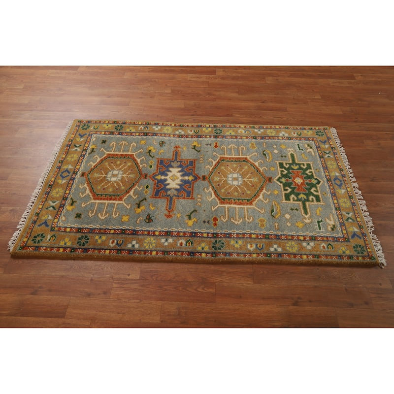 Hand Knotted Oriental 100% Wool Carpet Transitional Geometric Greys & Charcoal Khotan Area Rug - 4' 11'' X 3' 0''