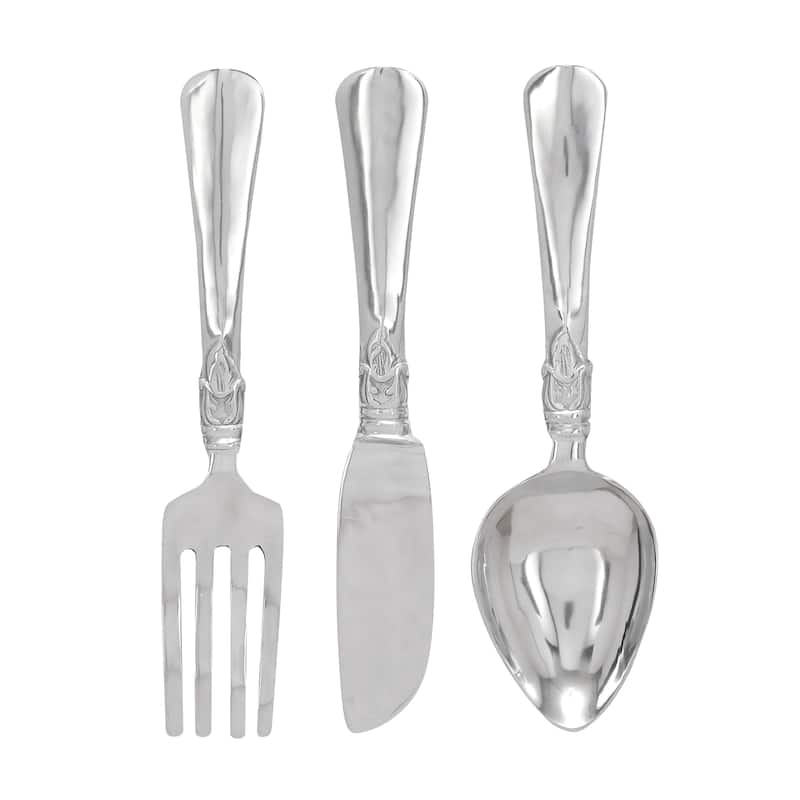 Aluminum Metal Large Knife, Spoon, and Fork Utensils Wall Decor (Set of 3) - Silver or Copper