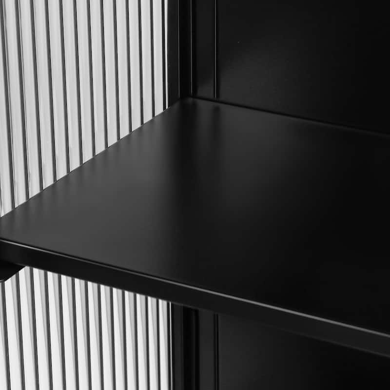 Modern White Sideboard with Fluted Tempered Glass Doors, 3-Tier Storage Cabinet for Living Room or Bedroom