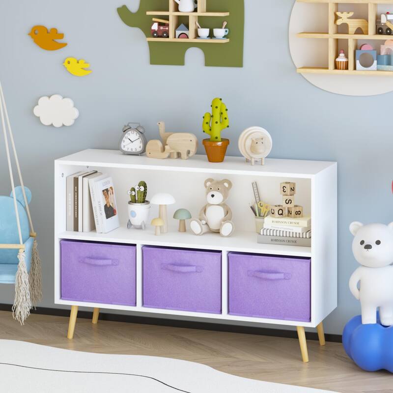 Kids bookcase with Collapsible Fabric Drawers, Children's Book Display, Toy Storage Cabinet Organizer, White/Purple