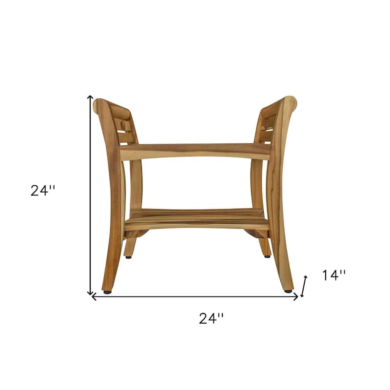 HomeRoots 24" Natural Solid Teak Wood Shower Bench With Handles