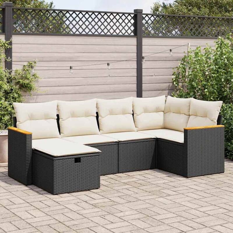 vidaXL Patio Sofa Set with Cushions Outdoor Conversation Furniture Poly Rattan - Black and cream without table - form2 - 21.7 x 21.7 x 14.6 in