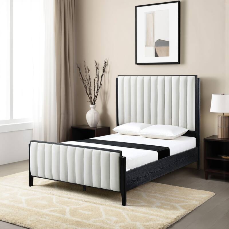 Jack California King Size Bed, Channel Tufted Ivory Upholstery, Black