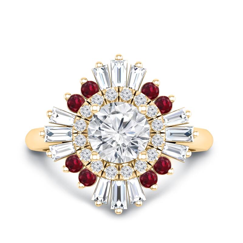 Auriya Vintage Ballerina 3/4ct Moissanite and Red Ruby & Halo Diamond Engagement Ring 14k Gold - 4.5 - Yellow