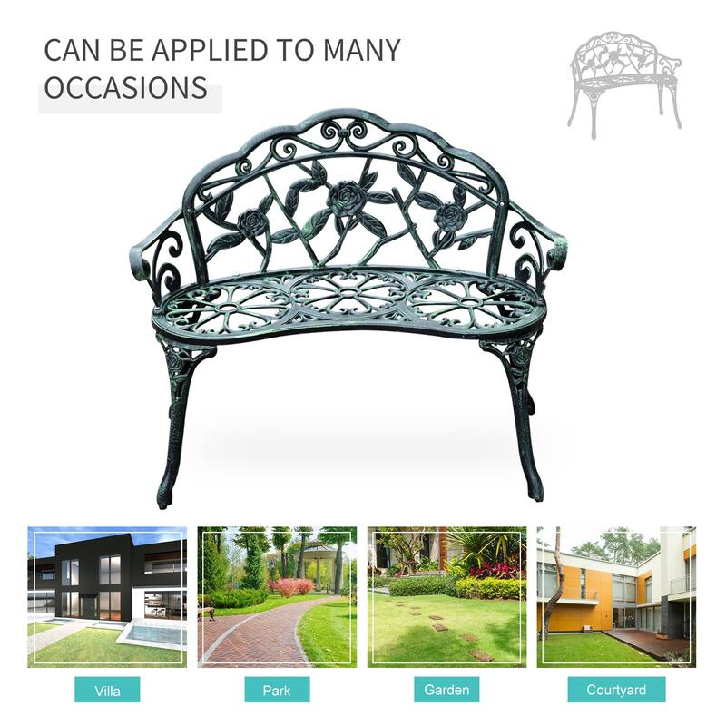 Outdoor Bench, Cast Aluminum Outdoor Furniture, Metal Bench With Floral Rose Accent & Antique Finish