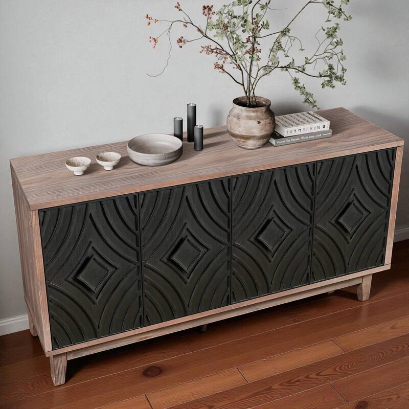 60" Mid Century Modern Sideboard Buffet Cabinet with Diamond Pattern Doors, Solid Wood Legs, Storage Credenza for Living Room