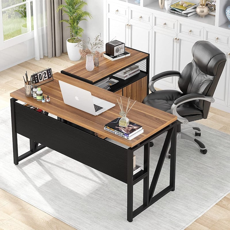 L Shaped Desk with Drawer, Executive Desk and lateral File Cabinet, 2 Piece Home Office Furniture