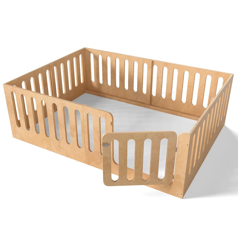 Toddlers Montessori Floor Bed with High Fence, Door, Low Profile Platform Bed Frame for Kids with No Box Spring Needed, No Slats