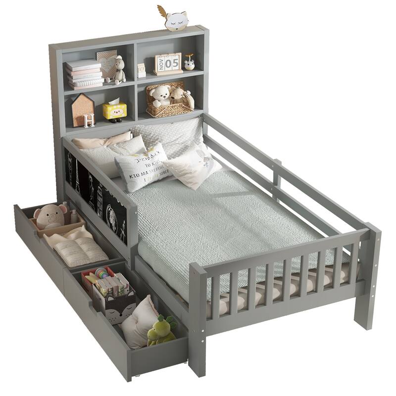 Twin Platform Bed with Chalkboard,Solid Wood Platform Bed with Storage Drawers and Shelves,Space-saving Design