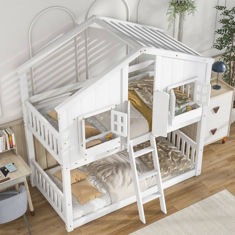Roomfitters Twin over Twin House Bunk Bed with Roof, Window, Window Box and Door, Safety Guardrails and Ladder