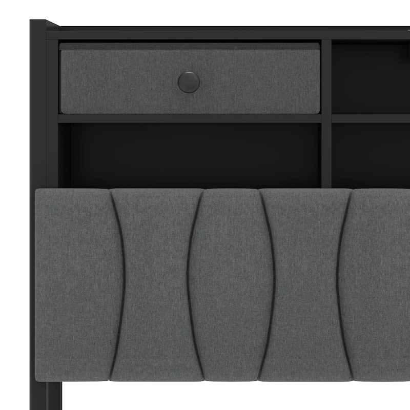 Moasis Linen Upholstered Platform Bed, Bed Frame with Hidden Storage Headboard and Charging Station