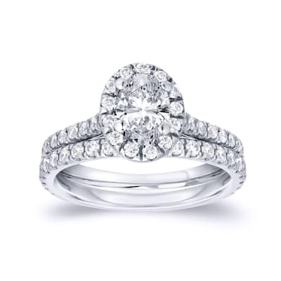 Auriya 14k Gold 1ctw Halo Oval-cut Diamond Engagement Ring Set Platinum