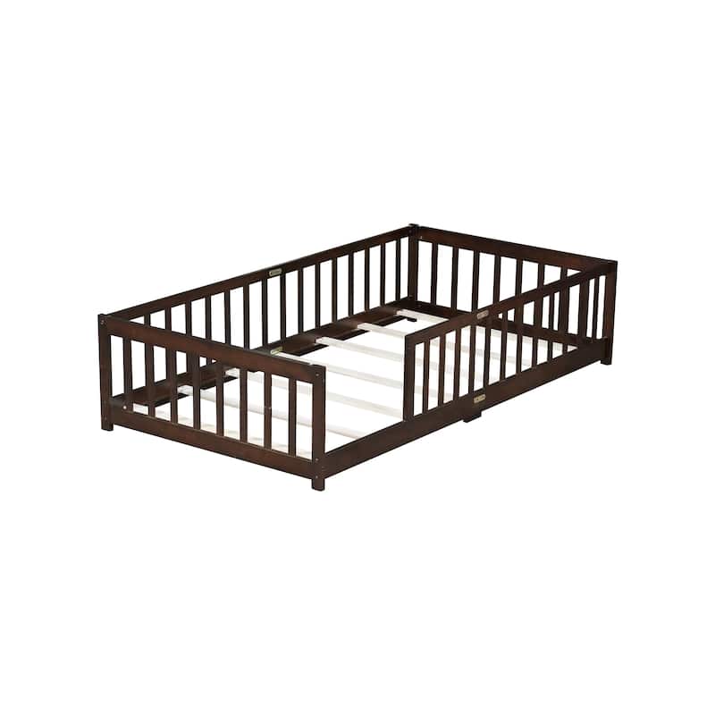 Twin Size Floor Bed with Fence without Door, Rubber Wood Floor Bed with Safety Guardrails