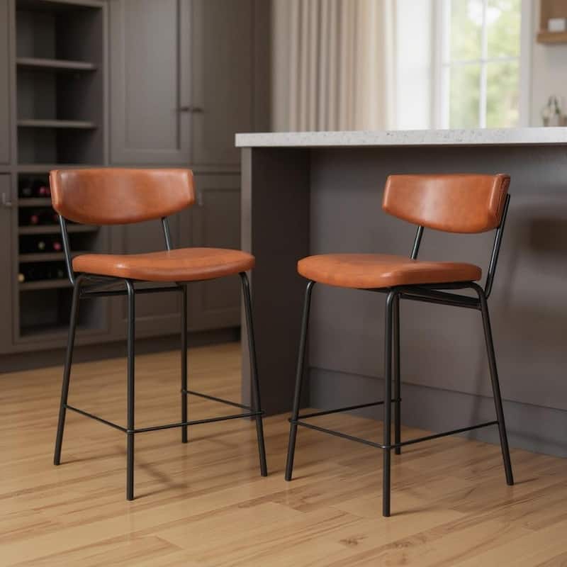 HomeRoots Set of Two 30" Brown and Black Faux Leather and Steel Low Back Bar Height Bar Chairs - Bar Height - Brown - Set of 2