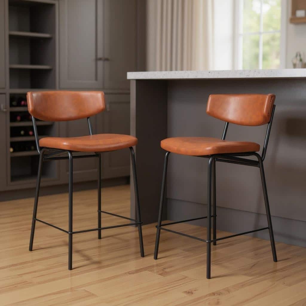 HomeRoots Set of Two 30" Brown and Black Faux Leather and Steel Low Back Bar Height Bar Chairs