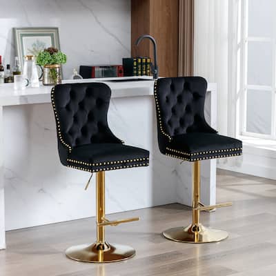 Adjustable Modern Tufted Back Golden Swivel Velvet Barstools, Set of 2