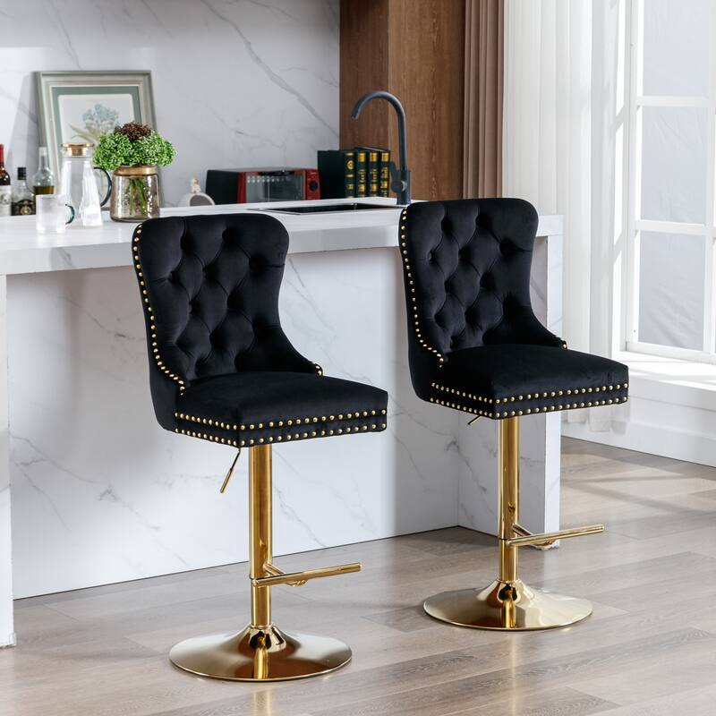 Thick Golden Swivel Velvet Barstools Adjusatble Seat Height, Upholstered Bar Stools with Backs Tufted - N/A
