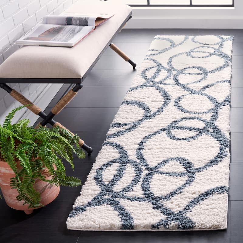 SAFAVIEH Calico Shag Engelina Abstract 1.5-inch Thick Rug - 2'2" x 8' Runner - Ivory/Blue