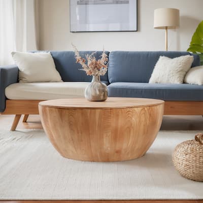 35.43" Vintage Style Bucket Shaped Round Coffee Table with Storage Flip Top
