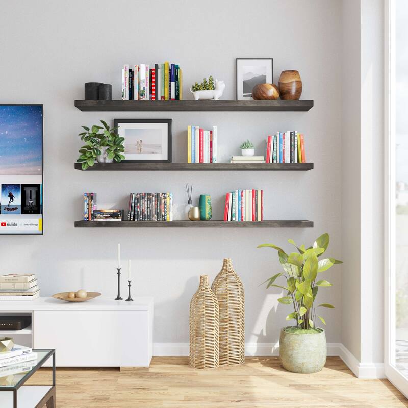 Wallniture Bois Wood Board 60" Long, 9.25'' Deep, 1.5" Thick, Hidden Bracket Shelf, Wall Bookshelf for Living Room, Rustic, 1pc