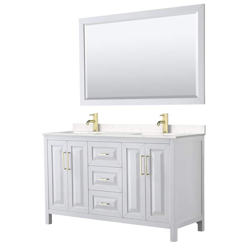Daria 60 Inch Double Vanity, Cultured Marble Top, 58 Inch Mirror - White, Gold Trim, Carrara Cultured Marble Top