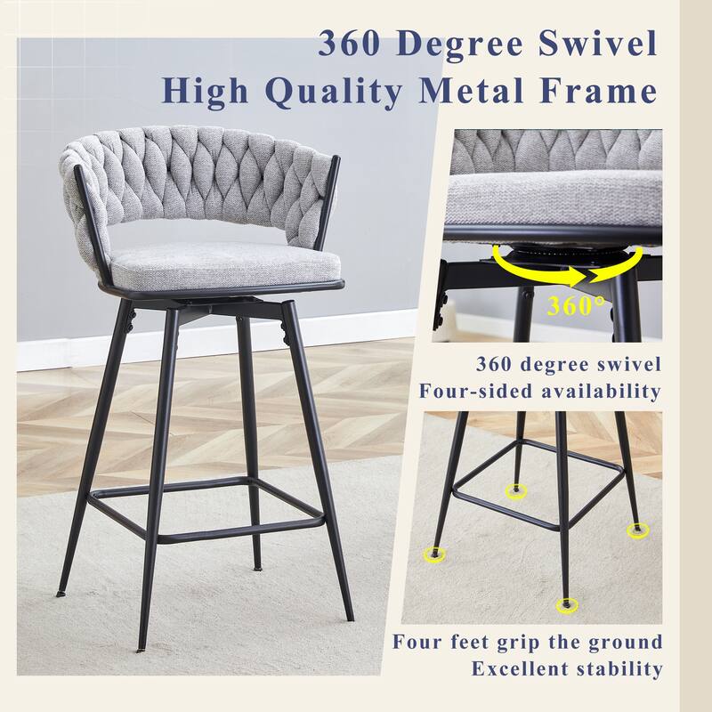 Set of 2 swivel bar stools with breathable cotton and linen soft cushions, electroplated metal frames without rust