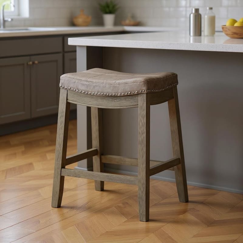 HomeRoots 26" Gray and Cool Gray Faux Leather and Solid Wood Backless Counter Height Bar Chair - Counter Height - Gray - Single
