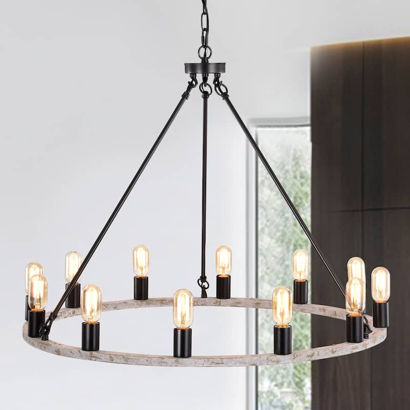 Sofie Weathered White+Smith Iron 12-Light 35-Inch Wagon Wheel Chandelier
