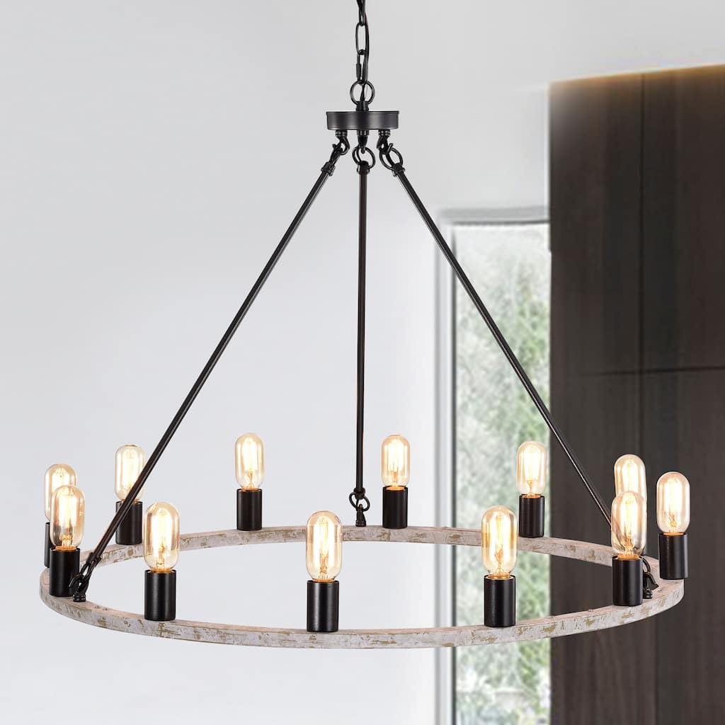 Sofie Weathered White+Smith Iron 12-Light 35-Inch Wagon Wheel Chandelier