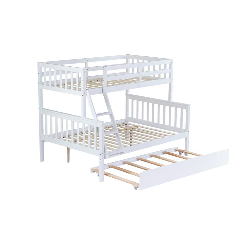 Twin Over Full Bunk Bed with Trundle with Convertible 3-in-1 Design Reversible Ladder & Guardrails (250lb Capacity)