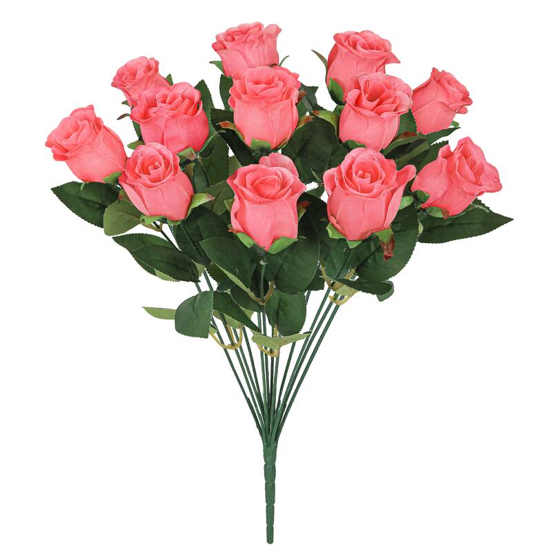 Set of 2 Coral Artificial Rose Bud Flower Stem Bush Bouquet 19.5in - 19.5" L x 12" W x 12" DP