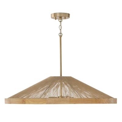 4-Light Pendant in Matte Brass with Mango Wood and Handwrapped Natural Jute Rope String