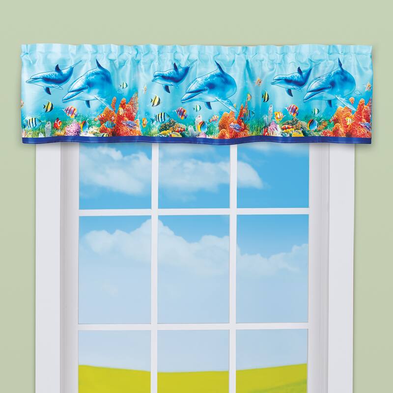 Dolphins and Tropical Fish Window Valance - 7.630 x 6.000 x 1.000 - Blue - 7.630 x 6.000 x 1.000