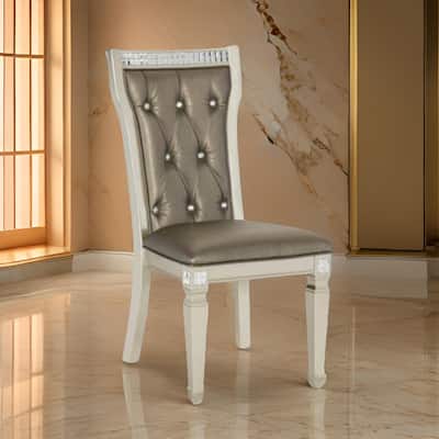 Lin 20 Inch Dining Side Chair Set of 2, Tufted Gray Faux Leather, Champagne