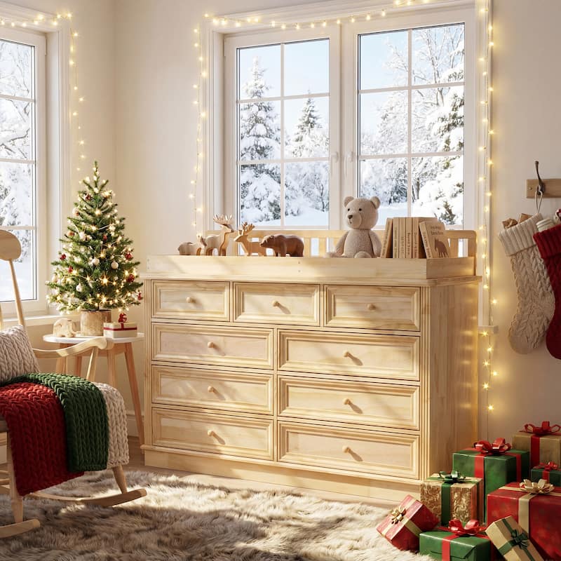Solid Pine Wood Baby Changing Table Dresser with 9 Drawers – Natural Finish Nursery Dresser with Removable Changing Topper