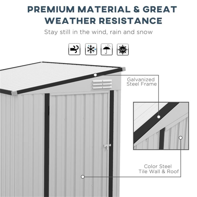 Galvanized Metal Garden Shed Outdoor Storage Lockable Door - 51.2" W x 92.5" D x 64.6"