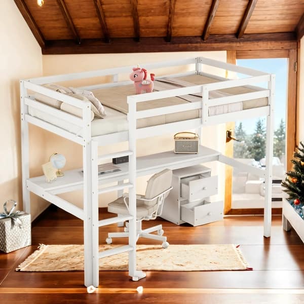 slide 2 of 15, Kid Bed Frame Wood Twin Loft Bed with Under-bed Built-in Desk and Storage Cabinet White