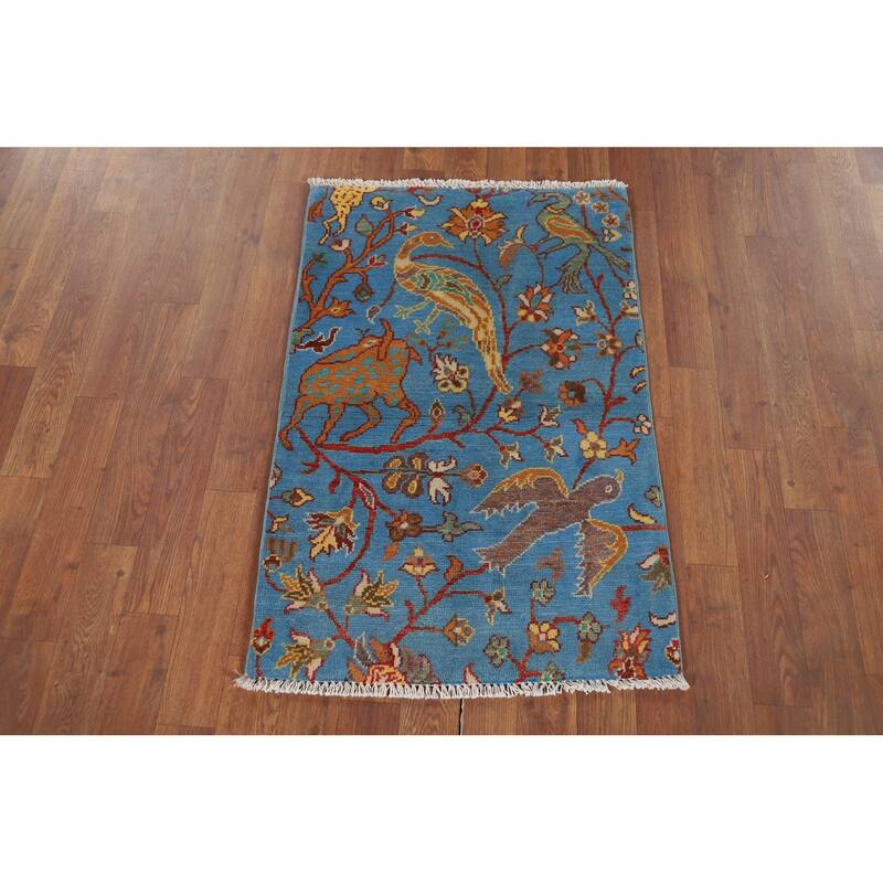 Hand Knotted Oriental 100% Wool Carpet Traditional Animal Pictorial Navy Blue & Blues Ziegler Area Rug - 3' 0'' X 2' 0''