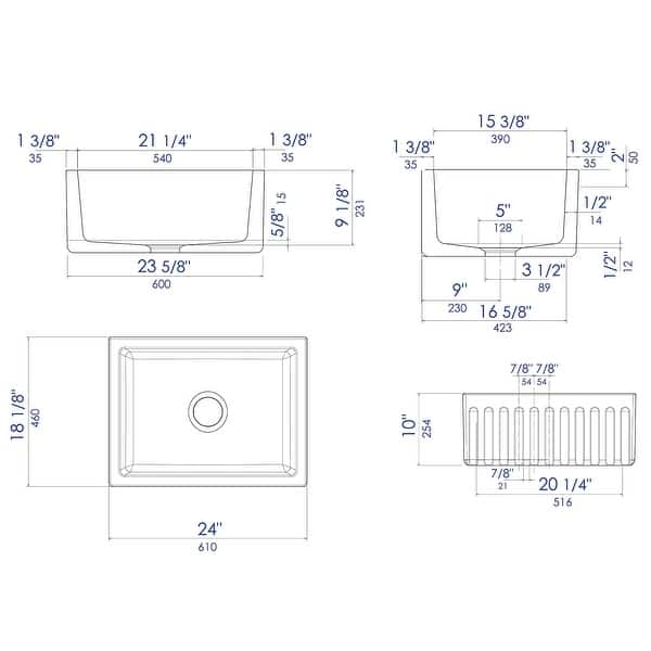 24" Black Matte Reversible Smooth / Fluted Single Bowl Fireclay Farm Sink