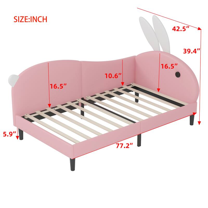Twin Size Upholstered Rabbit-Shape Daybed with Playful Rabbit Ear Headboard, Soft Pink Sofa Bed for Kids and Teens