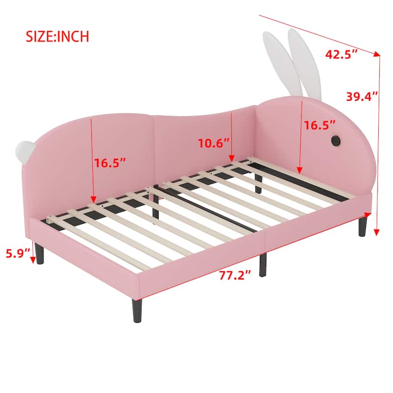 Twin size Upholstered Rabbit-Shape Daybed, Sofabed with Rabbit Ear Headboard, Pink